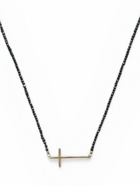 14K Yellow Gold Sideways Cross Black Spinel Bead Necklace